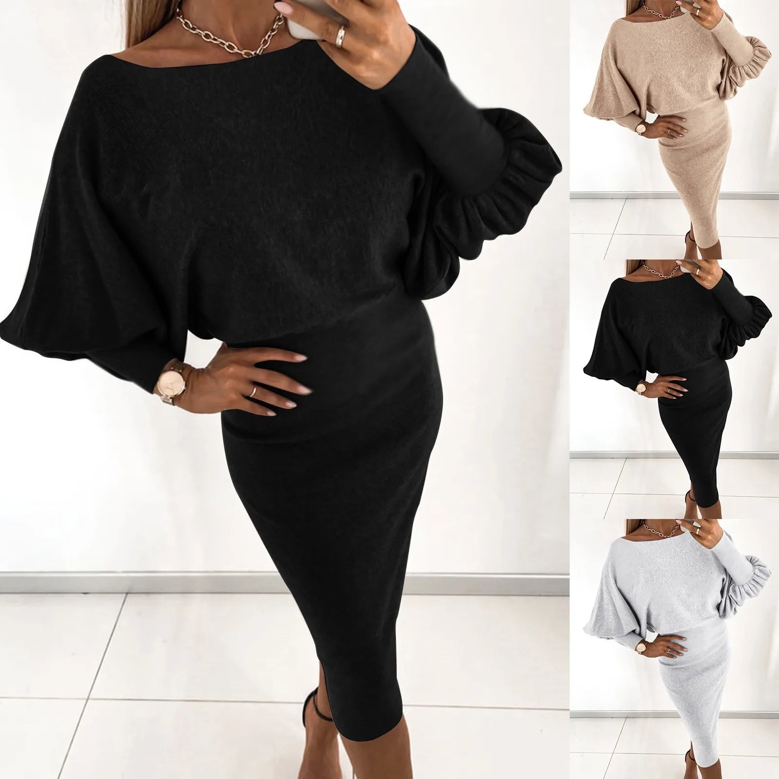 Minimalist Knit Midi Sweater Dress With Statement Bell Sleeves