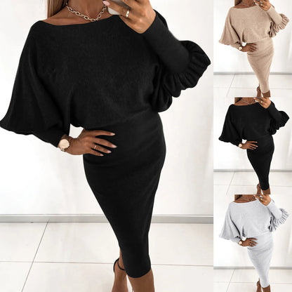 Minimalist Knit Midi Sweater Dress With Statement Bell Sleeves