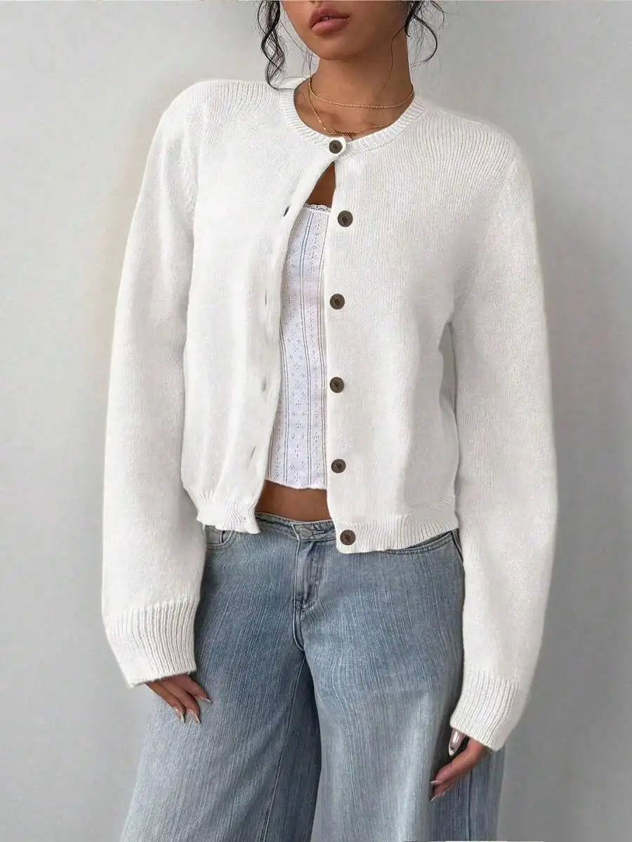 Women's Cropped Crew Neck Button Front Cardigan with Soft Knit Construction