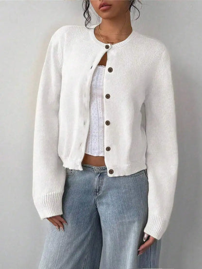 Women's Cropped Crew Neck Button Front Cardigan with Soft Knit Construction
