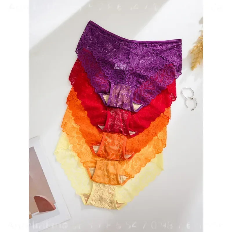 5-Piece Women’s Lace Mid-Rise Briefs Set with Openwork Detailing, Soft Stretch Silhouette and Assorted Feminine Colors