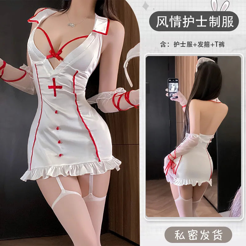 Sleek White Nurse Roleplay Mini Dress with Strappy Red Accents and Matching Accessories
