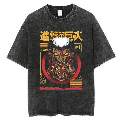 Cyberpunk Anime-Inspired Armored Titan Streetwear Oversized Washed Cotton T-Shirt