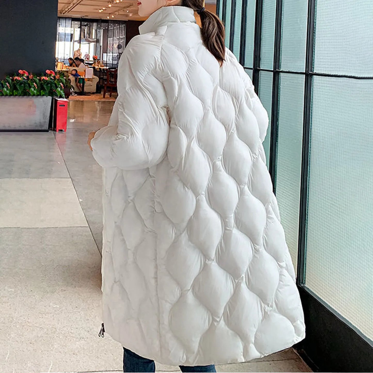 Women's Hooded Quilted Mid-Length Puffer Jacket with Diamond Stitch Streetwear Winter Outerwear