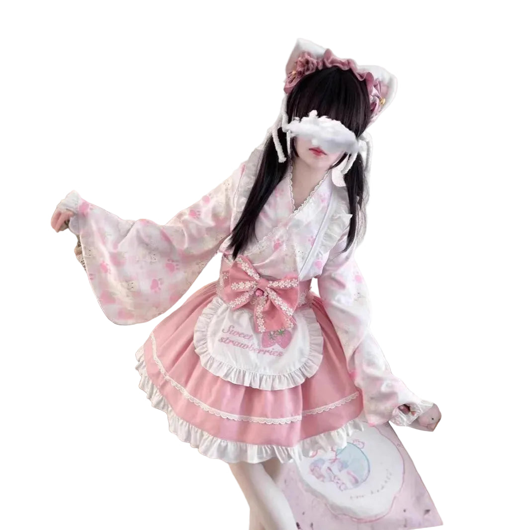 Pink Floral Wa-Lolita Maid Dress with Flowing Kimono Sleeves and Ruffled Apron