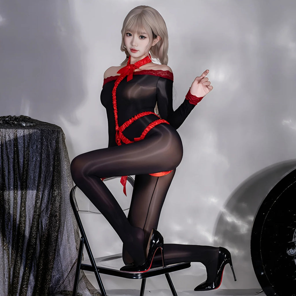 Sheer Black Long-Sleeve Bodysuit with Red Strappy Harness Detailing