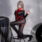 Sheer Black Long-Sleeve Bodysuit with Red Strappy Harness Detailing