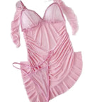 Romantic Pink Ruched Mini Slip Dress with Asymmetrical Ruffled Hemline
