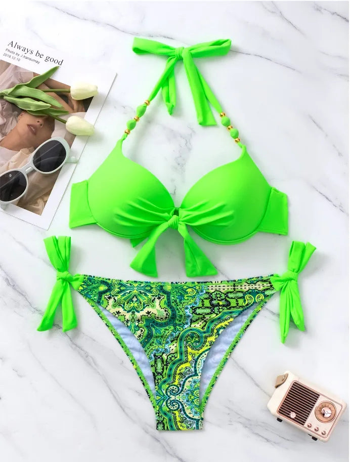Neon Green Underwire Halter Bikini with Printed Side-Tie Bottom