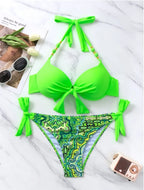 Neon Green Underwire Halter Bikini with Printed Side-Tie Bottom