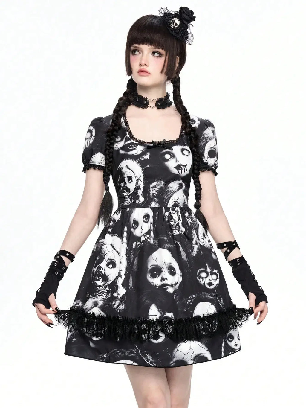 Women's Gothic-Inspired Graphic Print Mini Dress with Lace Patchwork and Puff Sleeves
