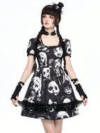 Women's Gothic-Inspired Graphic Print Mini Dress with Lace Patchwork and Puff Sleeves