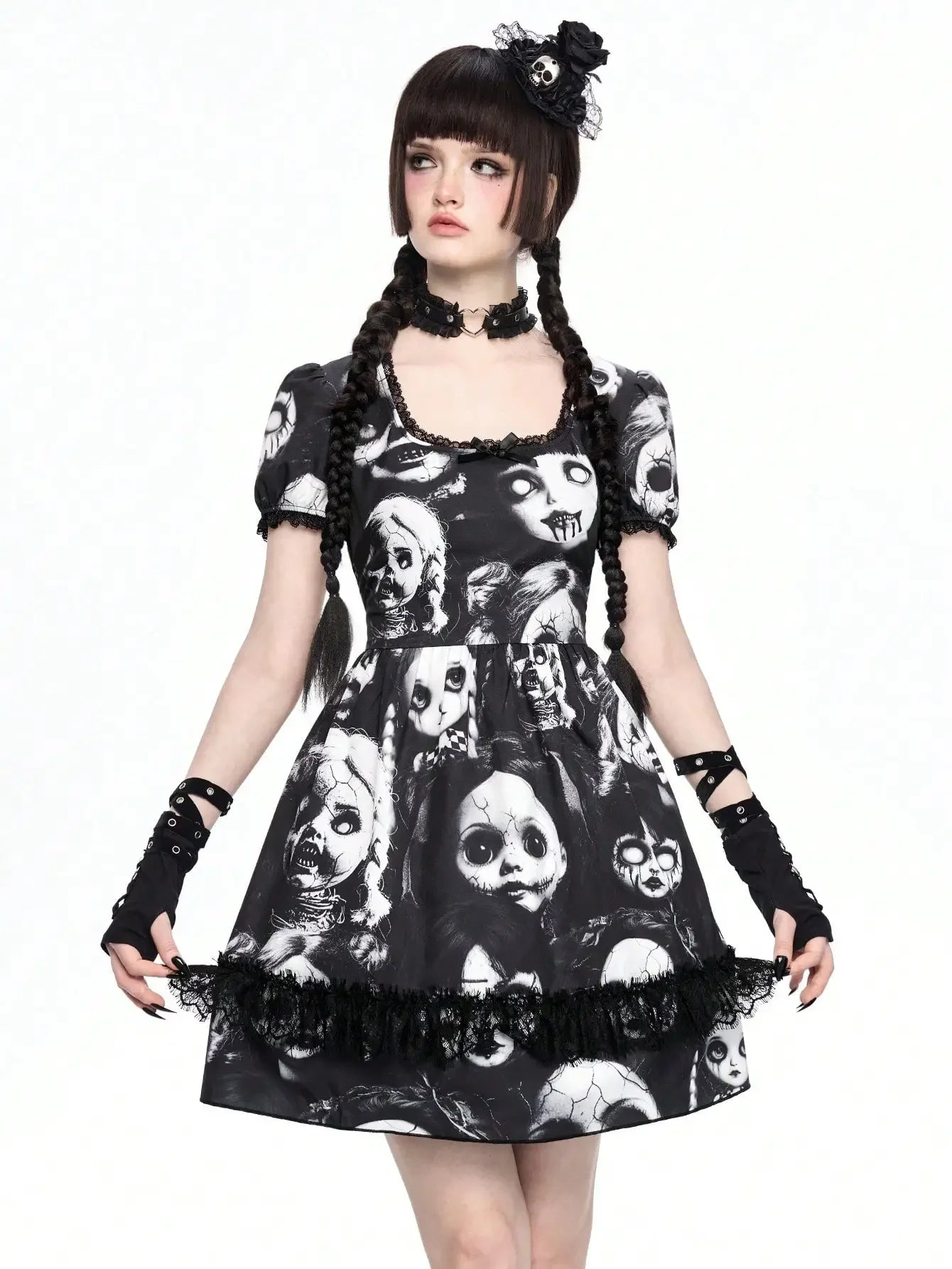 Women's Gothic-Inspired Graphic Print Mini Dress with Lace Patchwork and Puff Sleeves