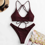 Burgundy Two-Piece Bikini Set with Lace-Up Halter Top, Crisscross Back Straps and Matching High-Waisted Bottom