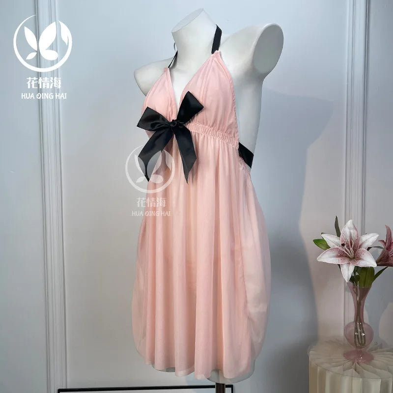 Peach Pleated Mesh Halter Babydoll with Contrast Black Bow Detailing