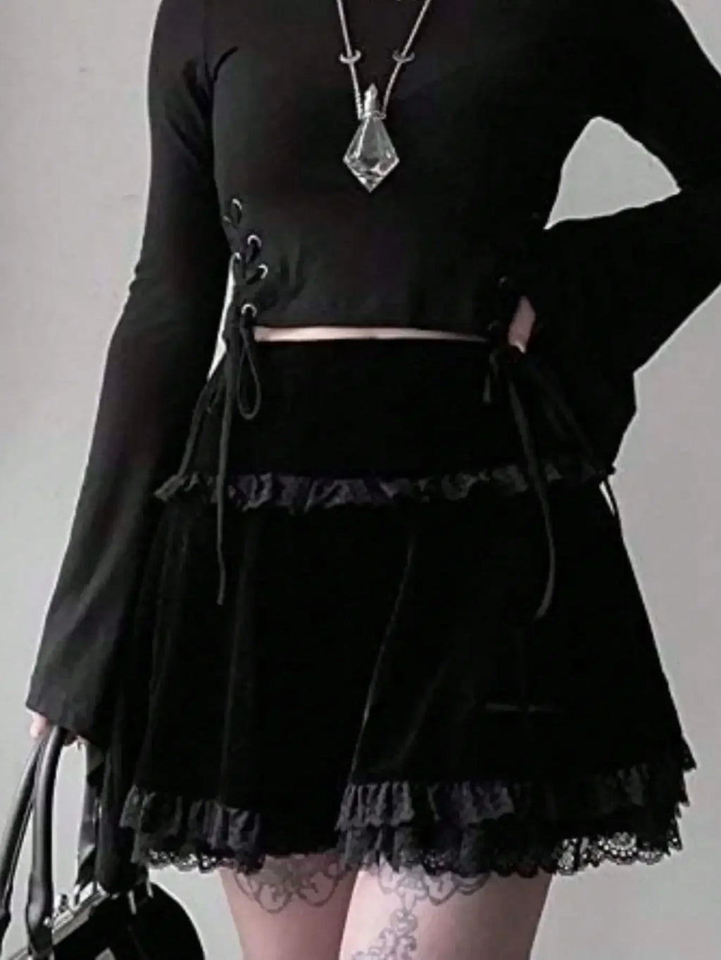 Velvet Lace Trim Mini Skirt Cross Detail Gothic Alternative Fashion Bottom