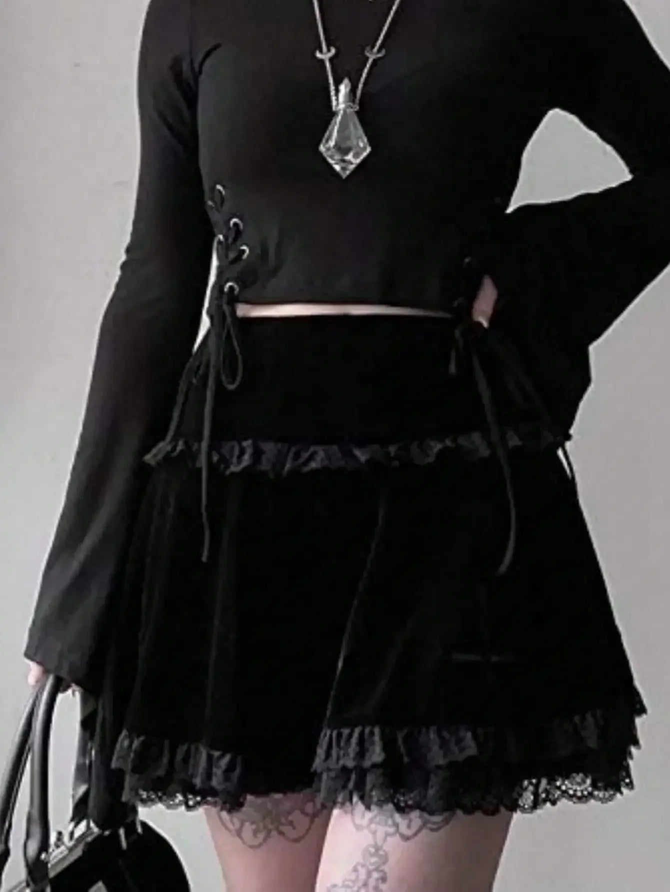 Velvet Lace Trim Mini Skirt Cross Detail Gothic Alternative Fashion Bottom