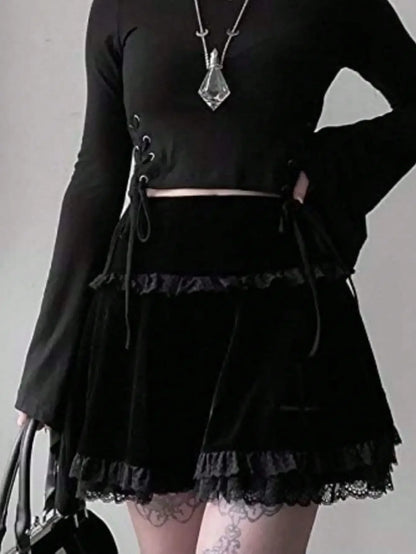Velvet Lace Trim Mini Skirt Cross Detail Gothic Alternative Fashion Bottom