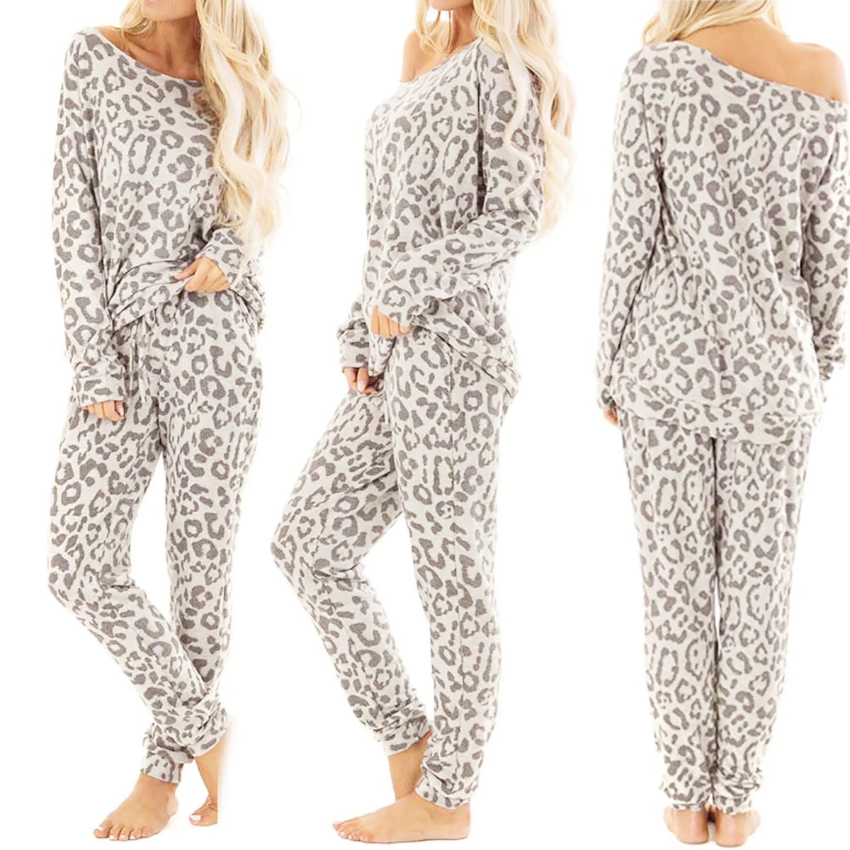 Relaxed-Fit Two-Piece Leopard Print Loungewear Set with Wide Neckline and Tapered Pants