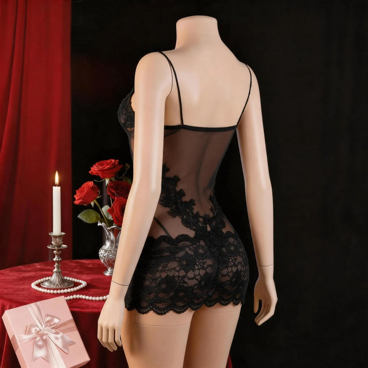 Deep Plum Sheer Mesh Chemise with Intricate Floral Lace Appliqué