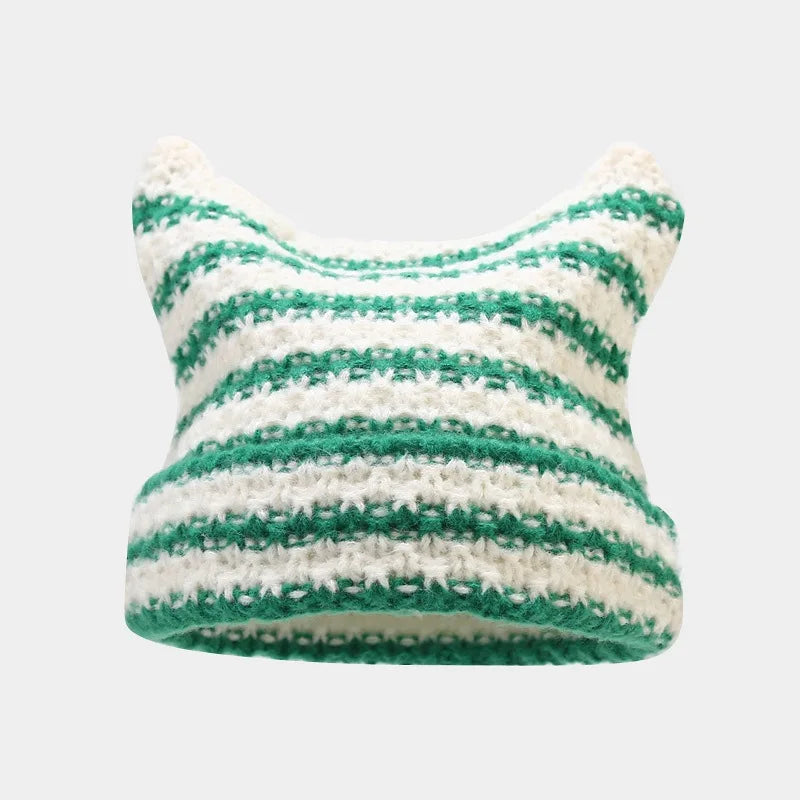 Striped Cat Ear Knit Beanie with Cotton Acrylic Blend for Playful Streetwear Fashion Style