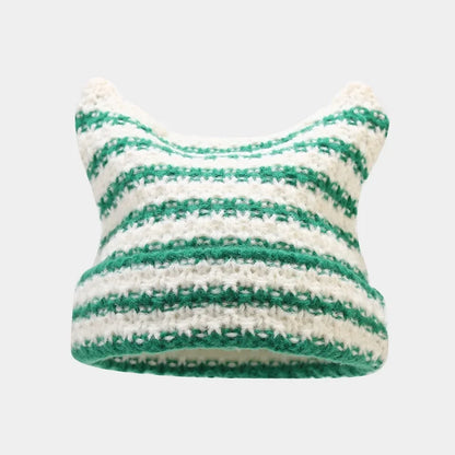 Striped Cat Ear Knit Beanie with Cotton Acrylic Blend for Playful Streetwear Fashion Style