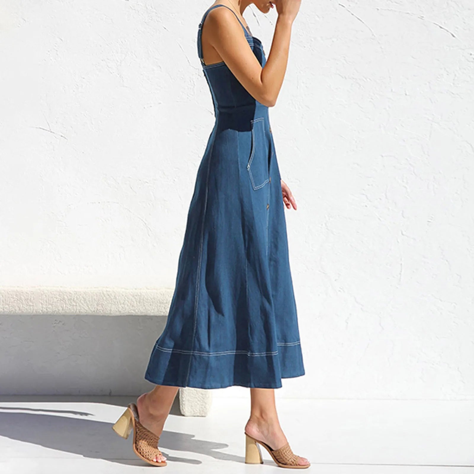 Button Front Denim Midi Dress with Structured Bodice and Adjustable Straps