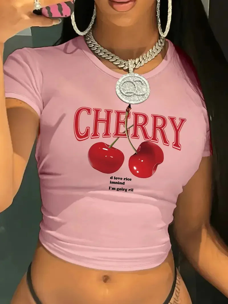 Women's Cherry Graphic Baby Crop Top for Casual Y2K Streetwear Everyday Fashion Style