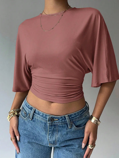 Batwing Sleeve Crop Tee with Relaxed Fit and Minimalist Casual Style