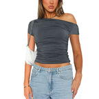 Women's Off Shoulder Ruched Crop Top for Minimalist Casual Streetwear Everyday Fashion Style