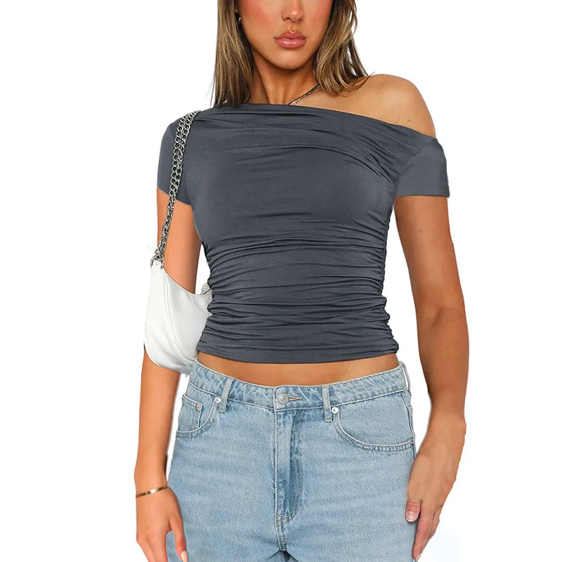 Women's Off Shoulder Ruched Crop Top for Minimalist Casual Streetwear Everyday Fashion Style