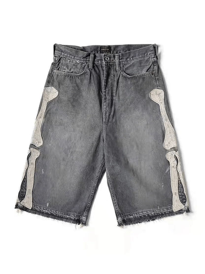 Men's Vintage Washed Denim Shorts with Relaxed Fit and Embroidered Streetwear Style