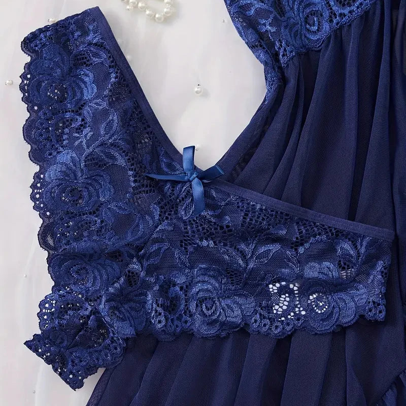 Midnight Blue Lace-Bodice Chemise Set with Playful Ruffled Hem