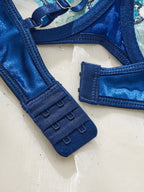 Sapphire Blue Embroidered Half-Cup Bra Set with Strappy Accents