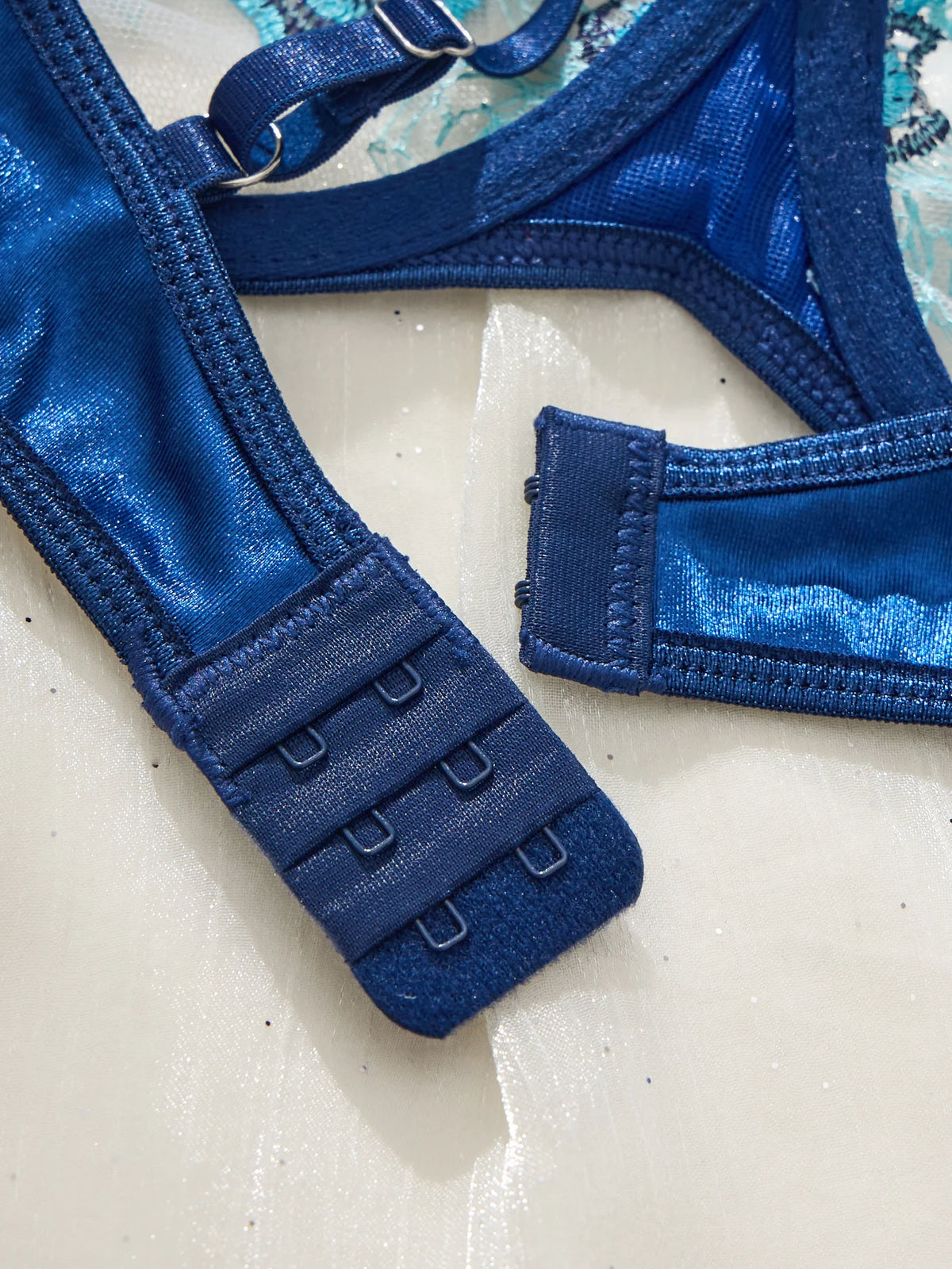Sapphire Blue Embroidered Half-Cup Bra Set with Strappy Accents