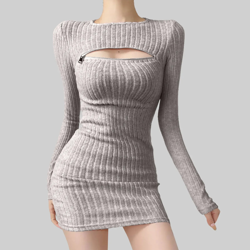 Ribbed Long Sleeve Sweater Mini Dress with Cutout Detail Contemporary Style