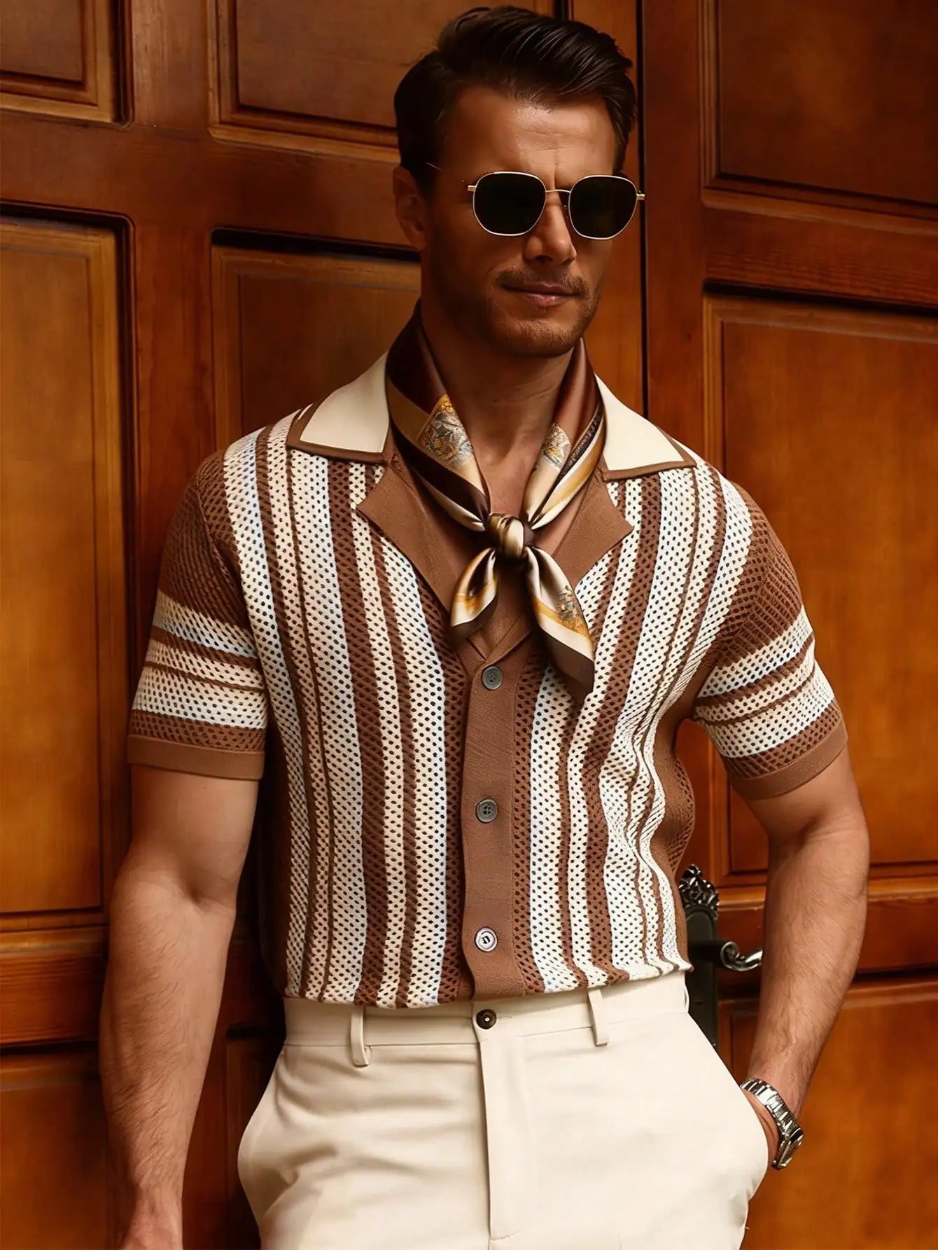 Men's Vertical Stripe Short Sleeve Knit Cardigan with Retro Summer Silhouette