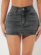 High Waist Stretch Denim Mini Skirt with Pocket Detail Slim Fit