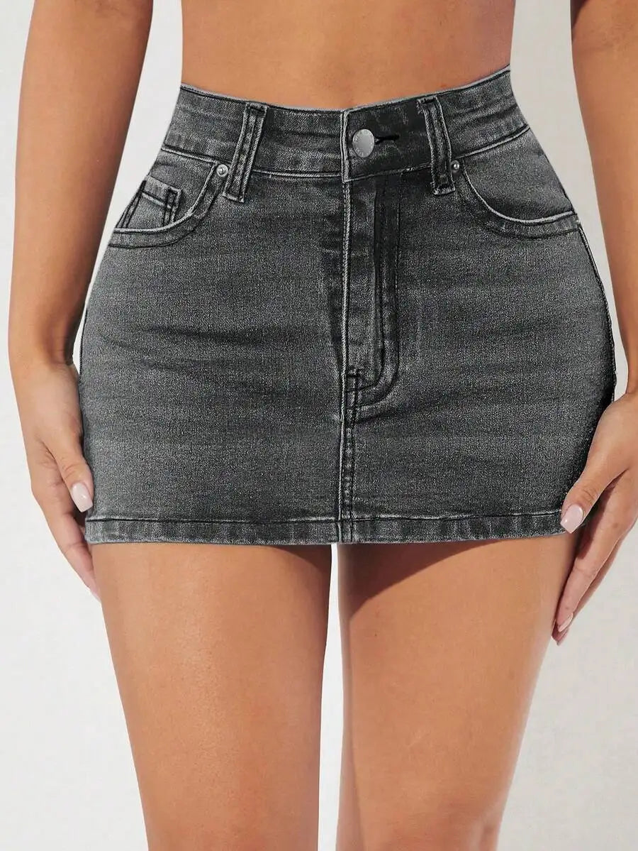 High Waist Stretch Denim Mini Skirt with Pocket Detail Slim Fit