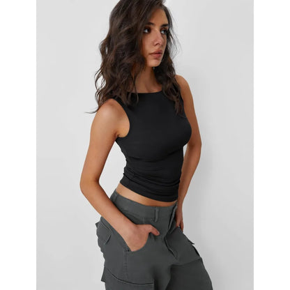 Women's Sleeveless Backless Fitted Tank Top for Minimalist Casual Streetwear Summer Fashion Style