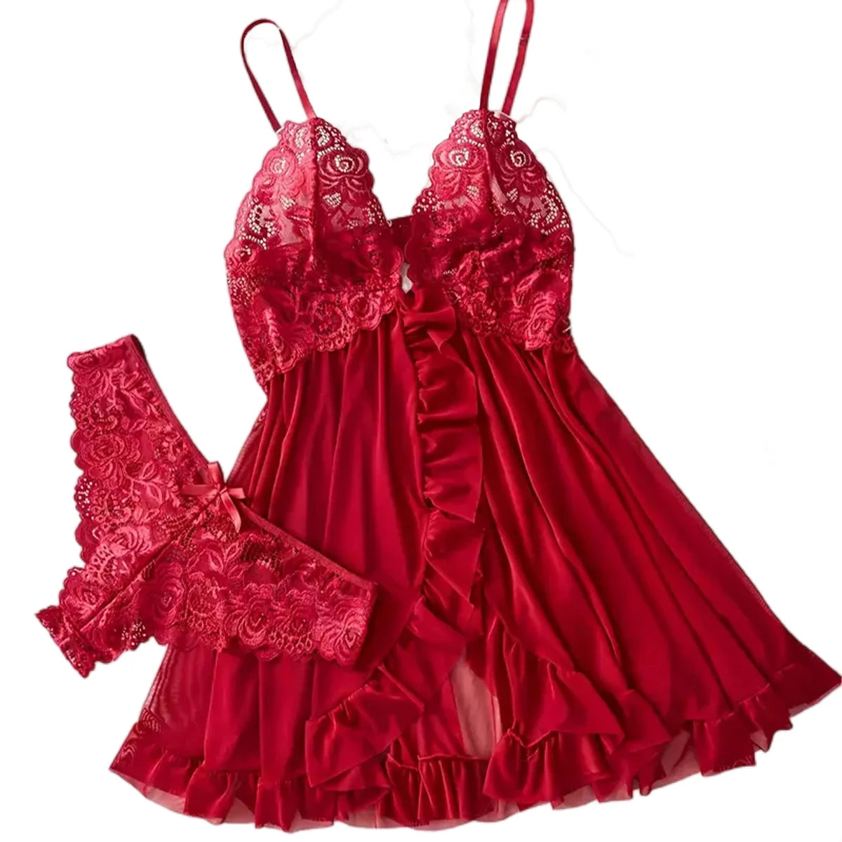 Romantic Red Sheer Mesh Babydoll Set with Embroidered Lace Cups