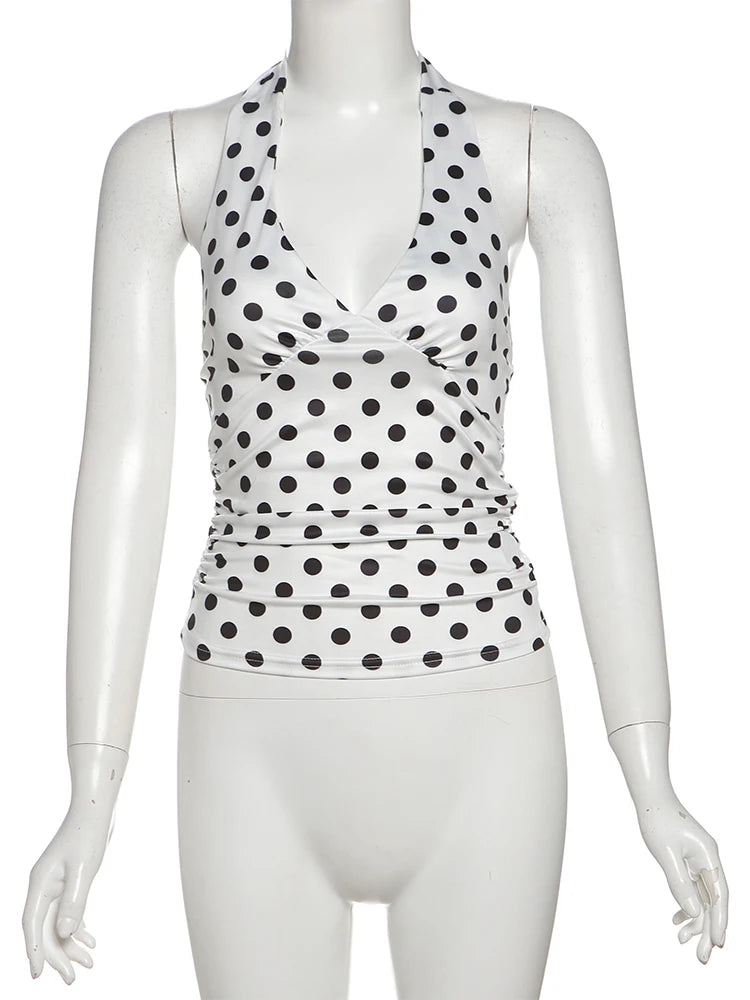 Polka Dot Halter Crop Top with V-Neck Slim Fit Streetwear Summer Style