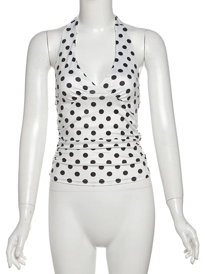 Polka Dot Halter Crop Top with V-Neck Slim Fit Streetwear Summer Style