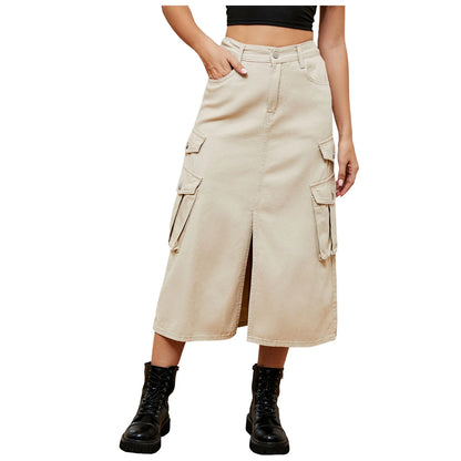High Waist Cargo Midi Skirt with Utility Pockets Front Slit Streetwear Fashion