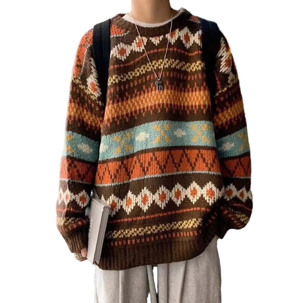 Men's Oversized Retro Pattern Knit Streetwear Pullover Sweater Casual Style