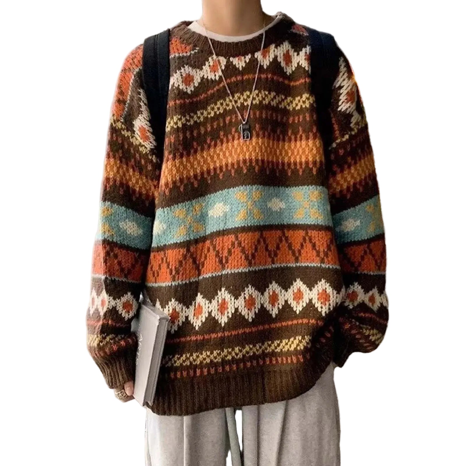 Men's Oversized Retro Pattern Knit Streetwear Pullover Sweater Casual Style