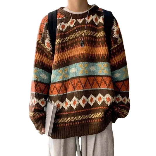 Men's Oversized Retro Pattern Knit Streetwear Pullover Sweater Casual Style