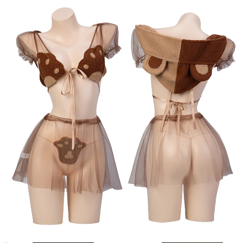 Playful Bear Theme Cosplay Lingerie Set with Sheer Mesh Skirt