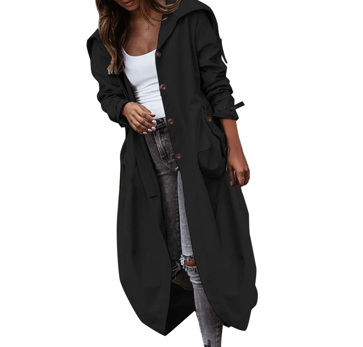 Women's Oversized Hooded Longline Trench Coat with Button Front Casual Streetwear Outerwear