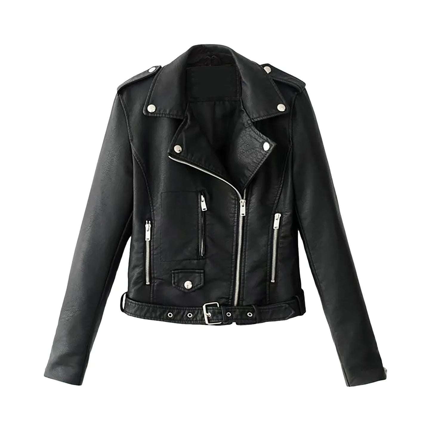 Women's Belted Faux Leather Moto Jacket with Asymmetrical Zip Streetwear Outerwear Style